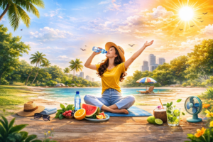 Woman drinking water and relaxing outdoors with fresh fruits on a sunny day representing healthy lifestyle tips to stay hydrated and energetic during summer.