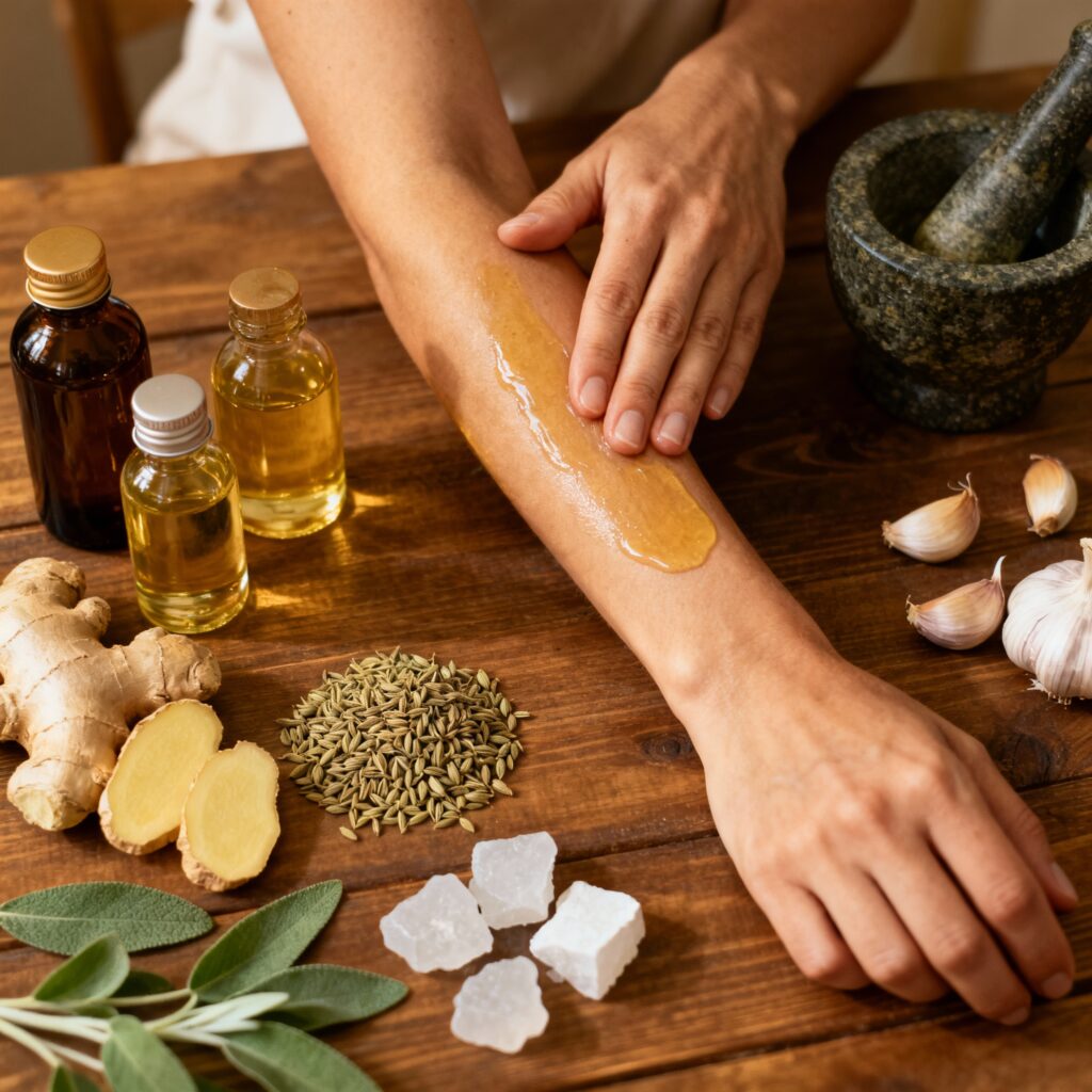 “Garlic and sesame herbal oil for arthritis”