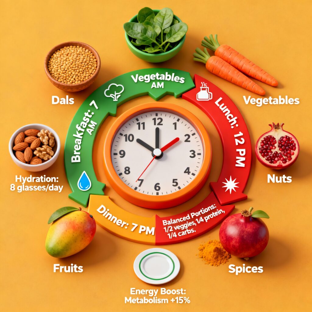 "3D meal planning infographic with Indian foods and metabolism boost icons."