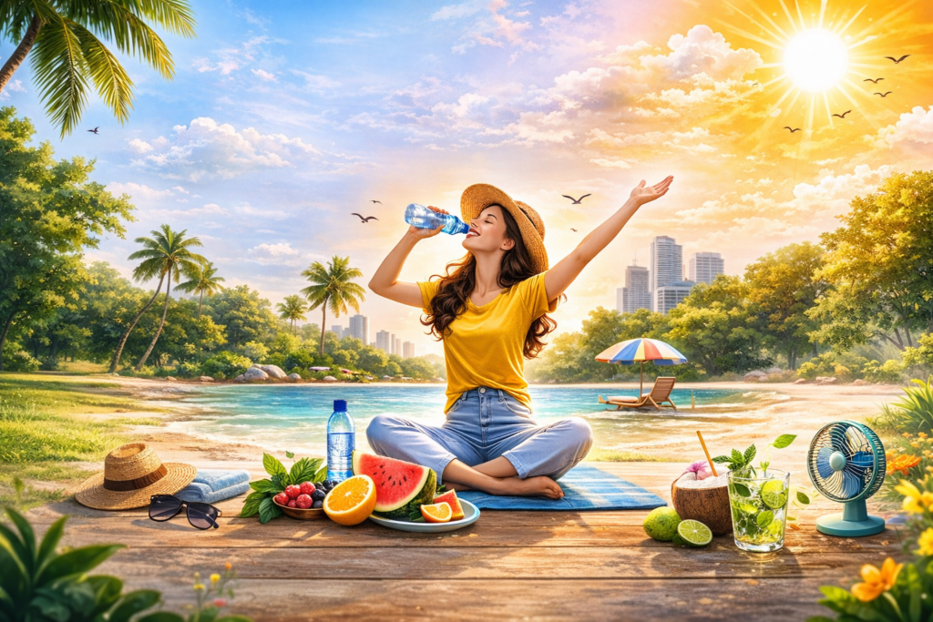 Woman drinking water and relaxing outdoors with fresh fruits on a sunny day representing healthy lifestyle tips to stay hydrated and energetic during summer.